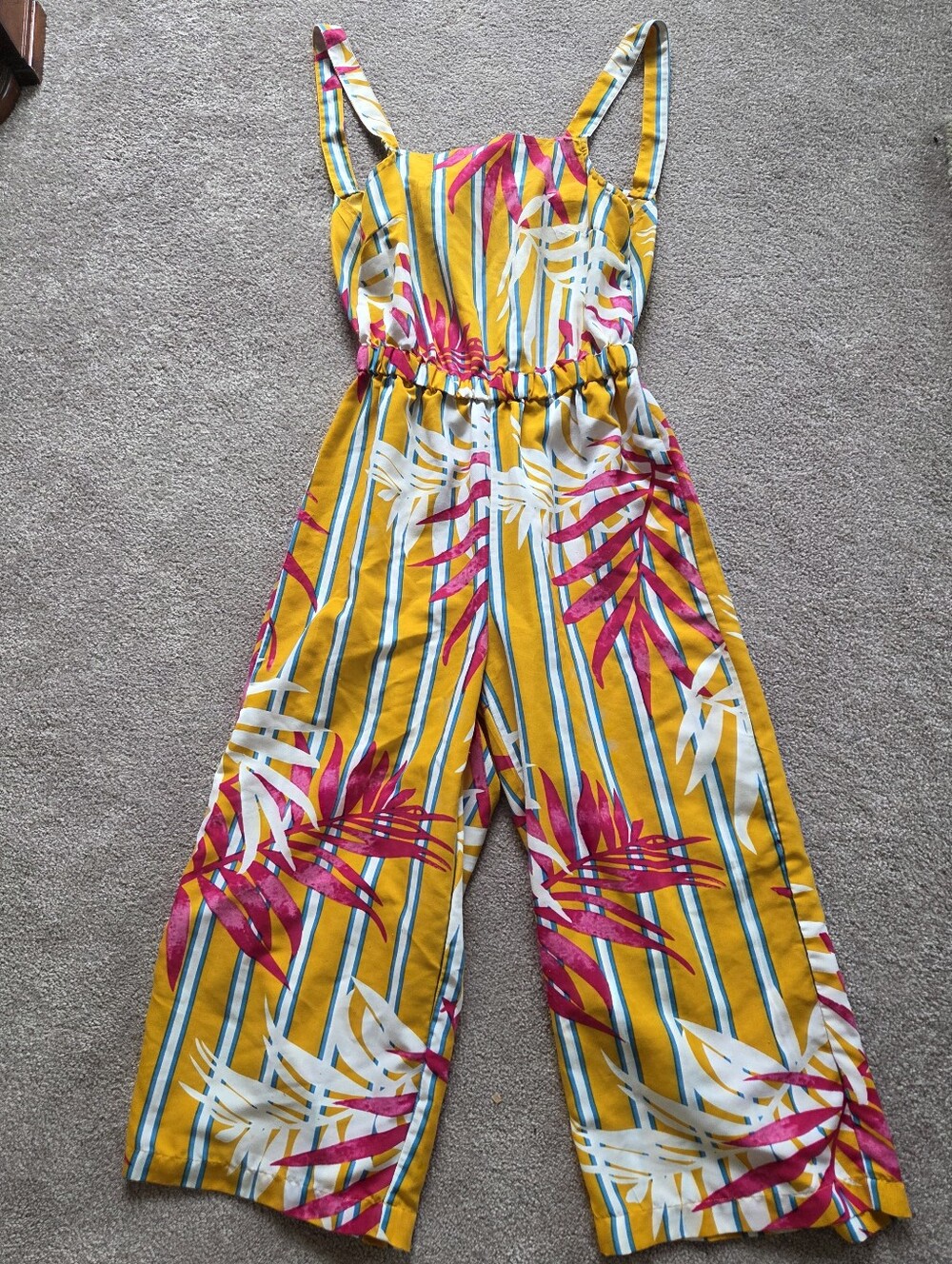 Yellow Tropical Palm Print Wide Leg Jumpsuit